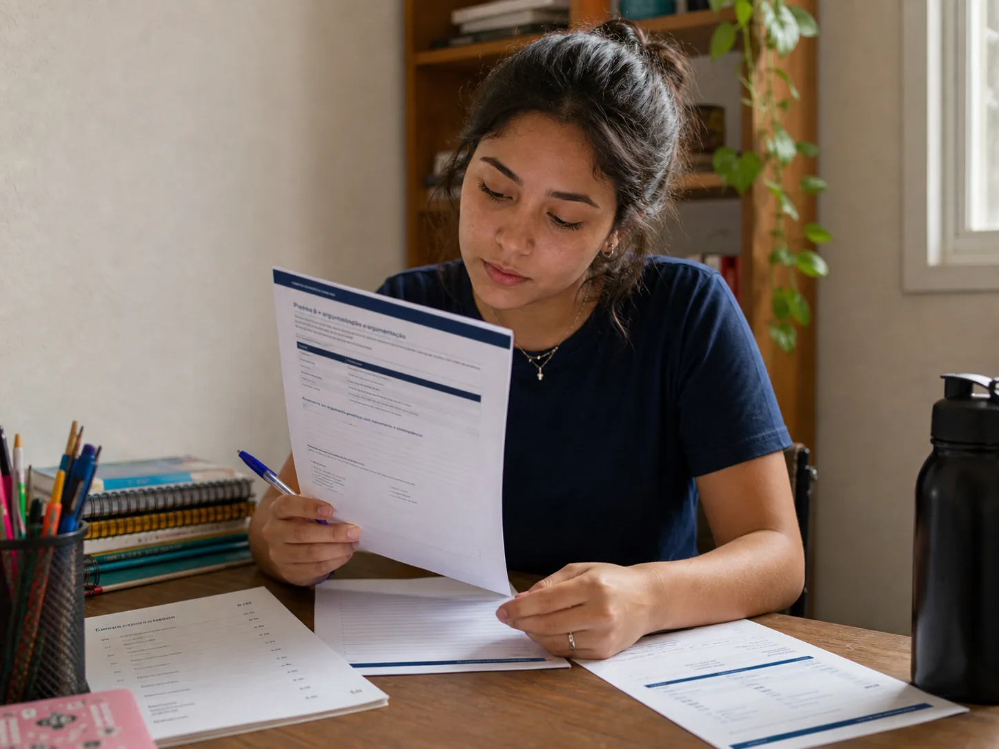 Estudante analisando uma atividade impressa