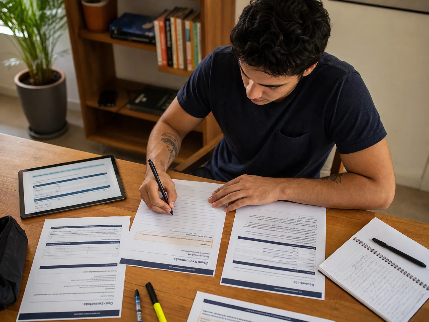 Estudante usando as atividades sobre a mesa