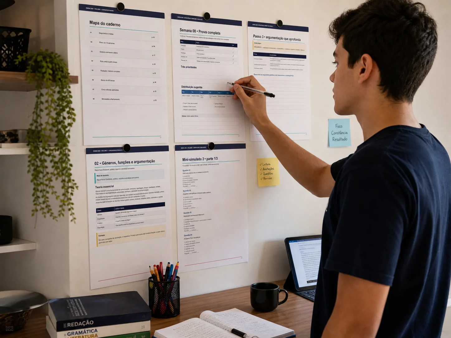 Estudante organizando as páginas de planejamento na parede